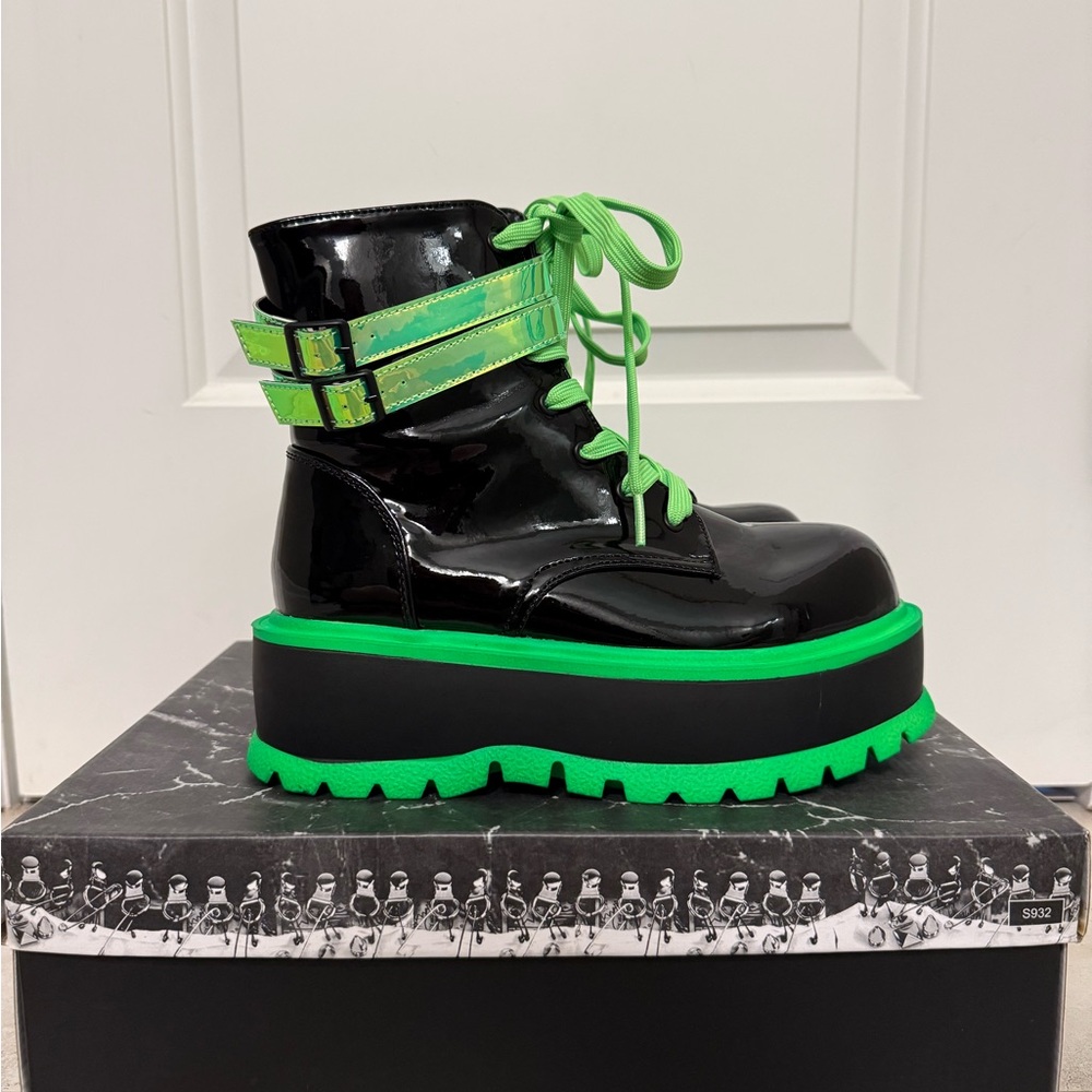 Demonia Iridescent Green and Black Platform Boots - Picture 4 of 7